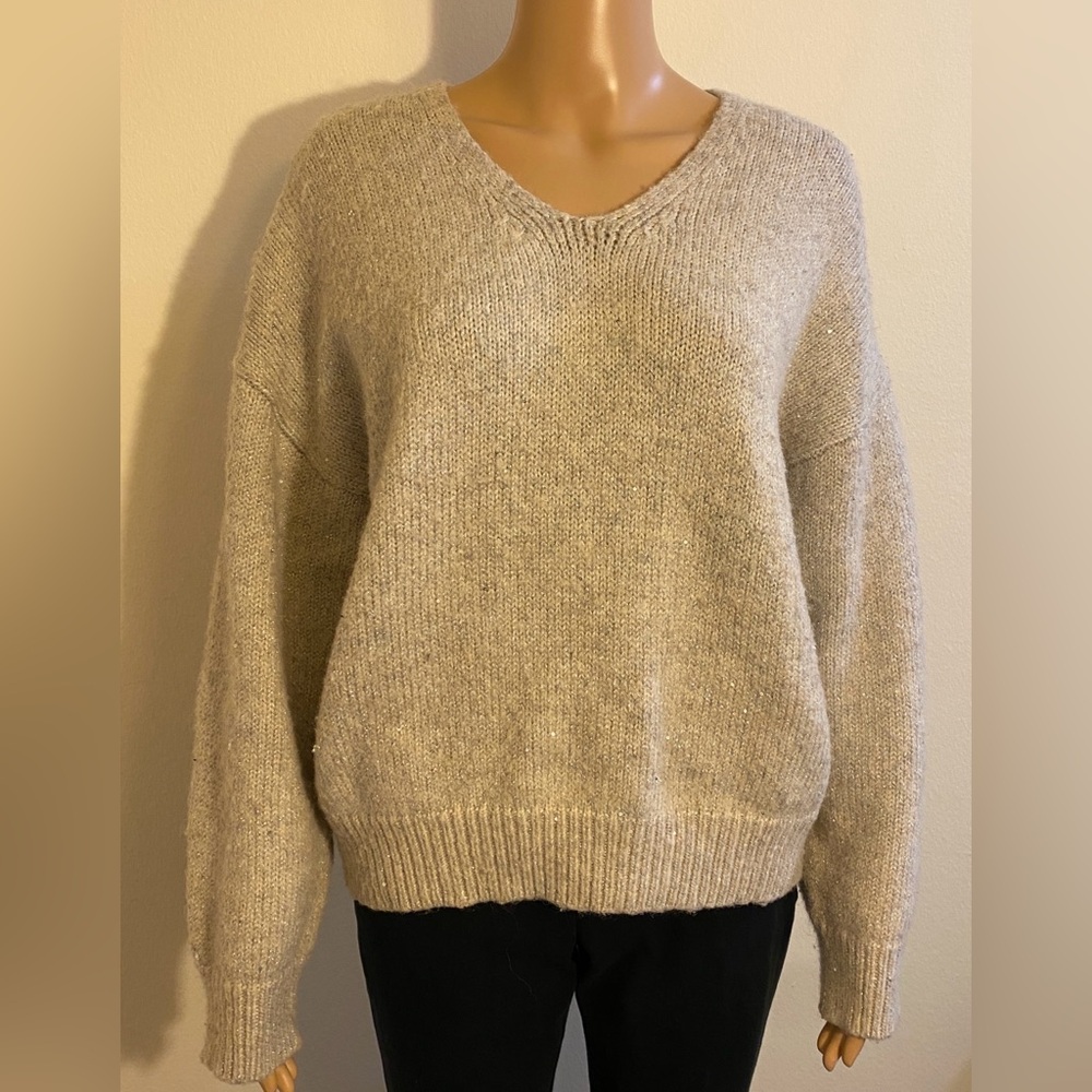 Women Motf Cream, w/ Silver Sequins & Thread Long Sleeve Heavyweight Sweater